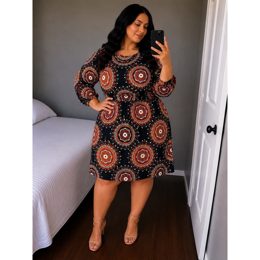 Belaroi Women 2XL Bohemian Floral Print Long Sleeve Lose Flare Midi Dress